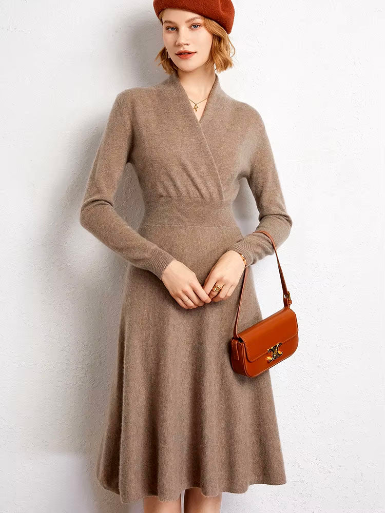 Long Sleeve Cashmere V Neck Flared Dress