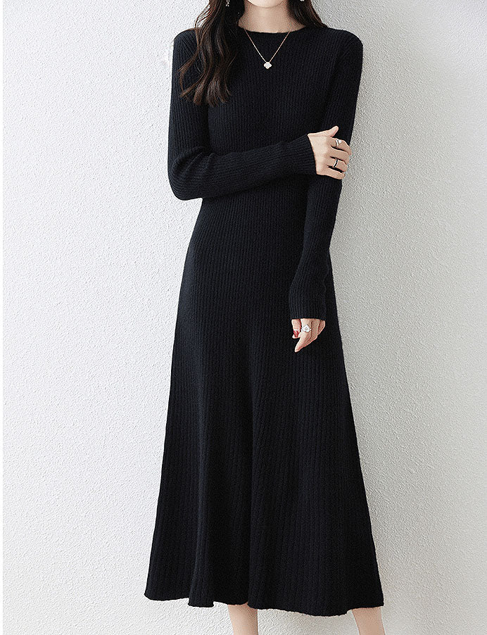 Wool Ribbed Knit Midi Dress