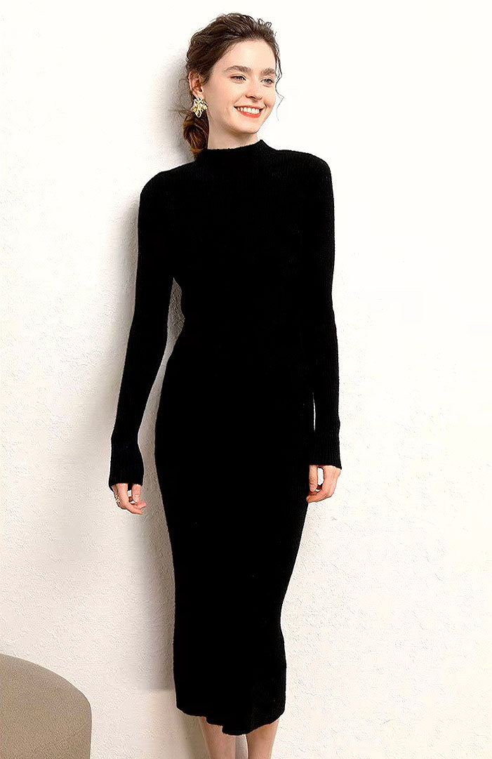 High Neck Knit Wool Midi Dress