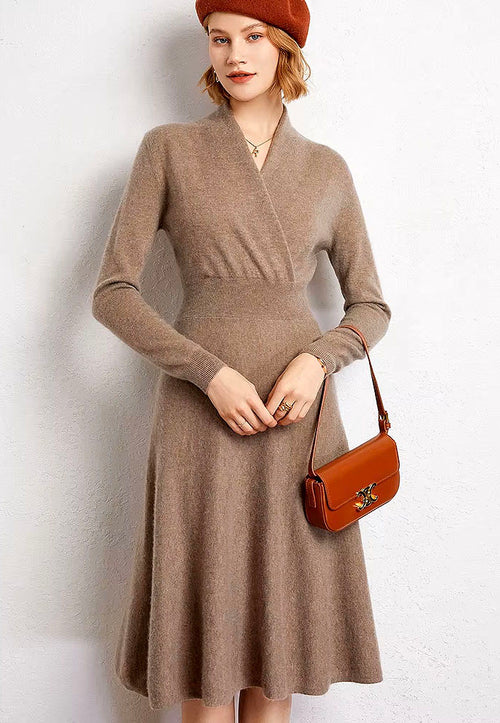 Long Sleeve Cashmere V Neck Flared Dress