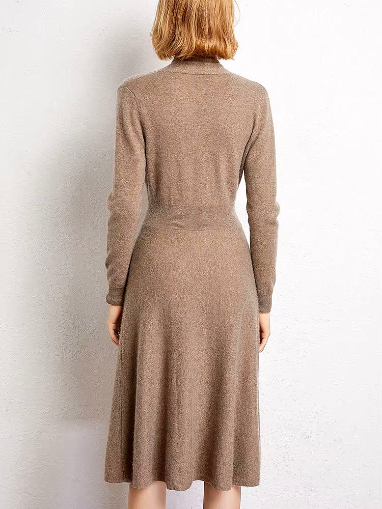 Long Sleeve Cashmere V Neck Flared Dress
