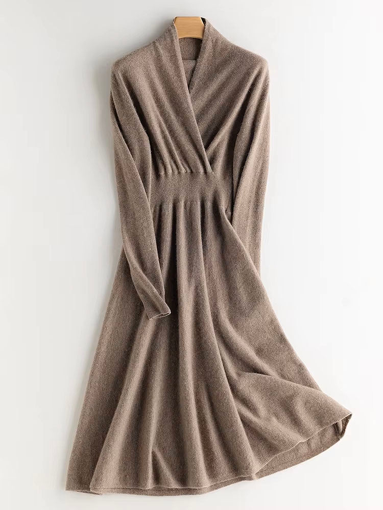 Long Sleeve Cashmere V Neck Flared Dress