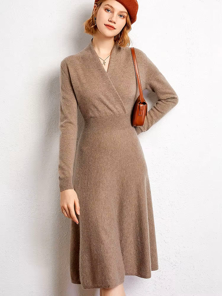 Long Sleeve Cashmere V Neck Flared Dress