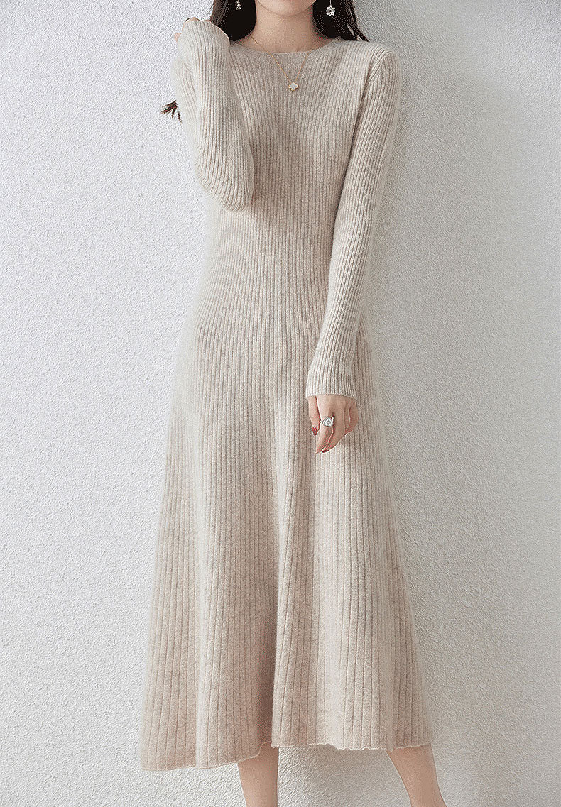 Wool Ribbed Knit Midi Dress