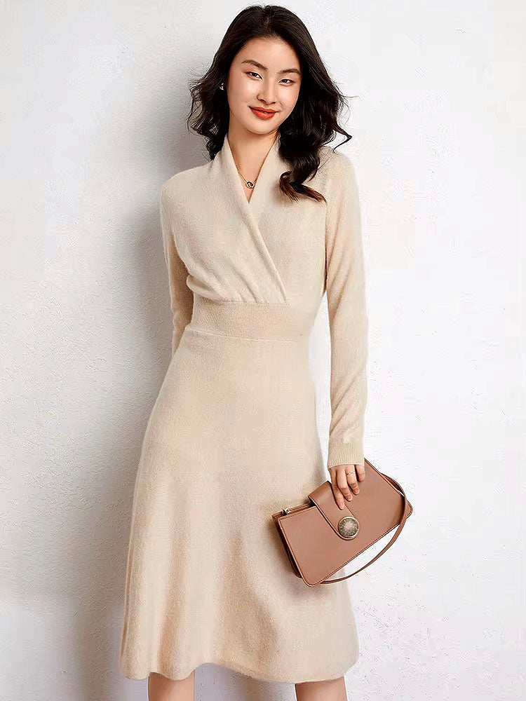 Long Sleeve Cashmere V Neck Flared Dress