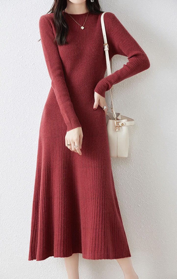 Wool Ribbed Knit Midi Dress