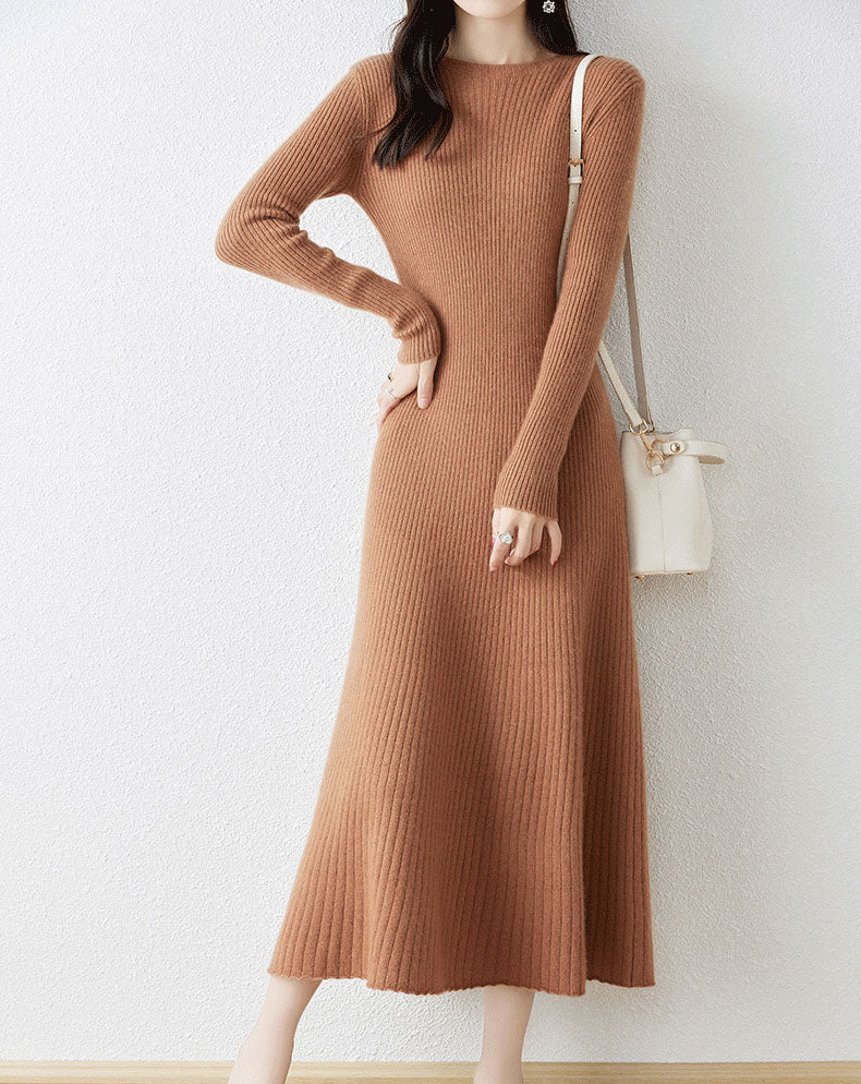 Wool Ribbed Knit Midi Dress