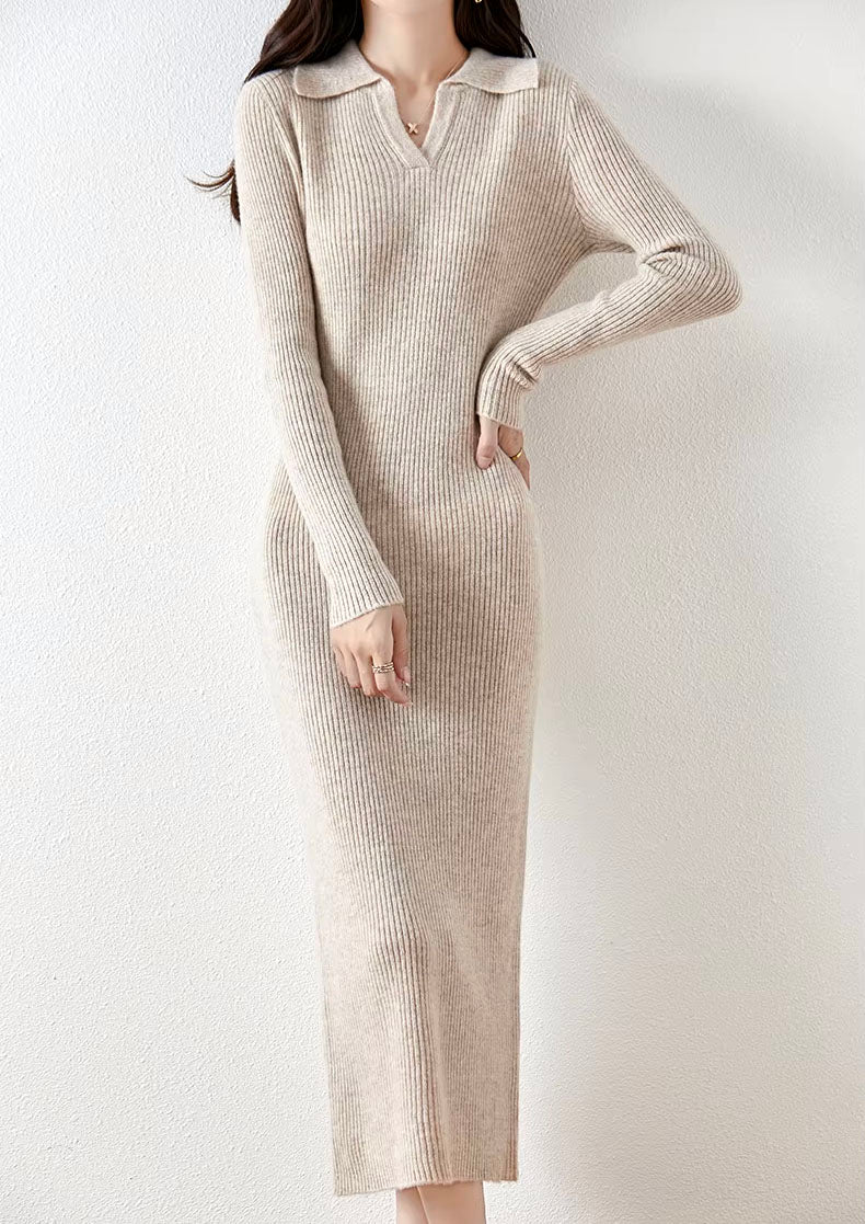 Polo Jumper Midi Knit Ribbed Wool Dress