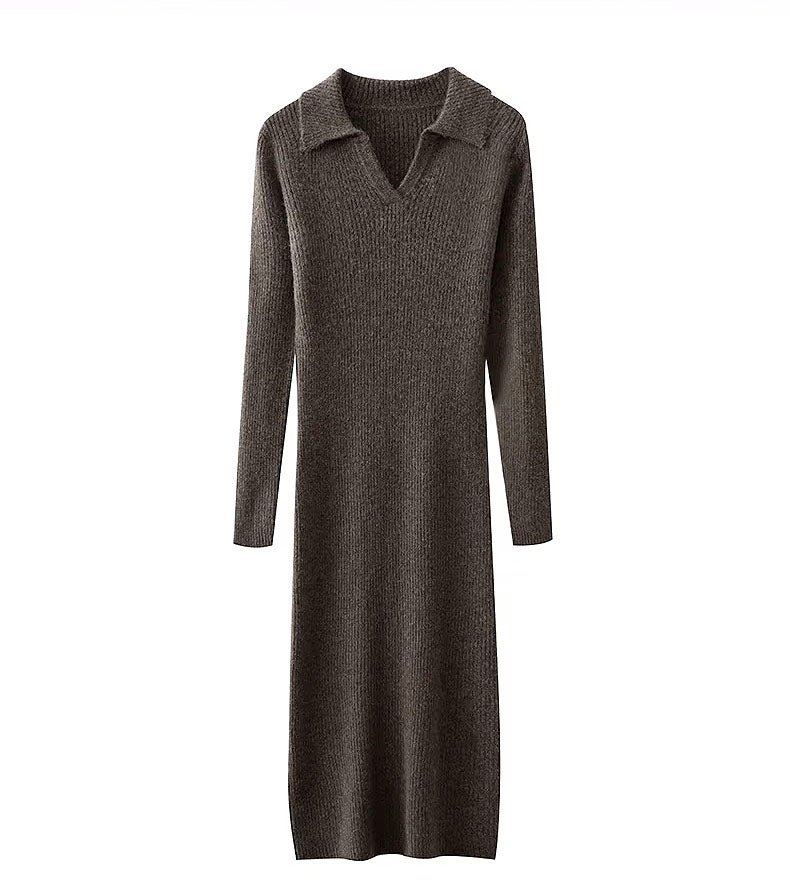 Polo Jumper Midi Knit Ribbed Wool Dress