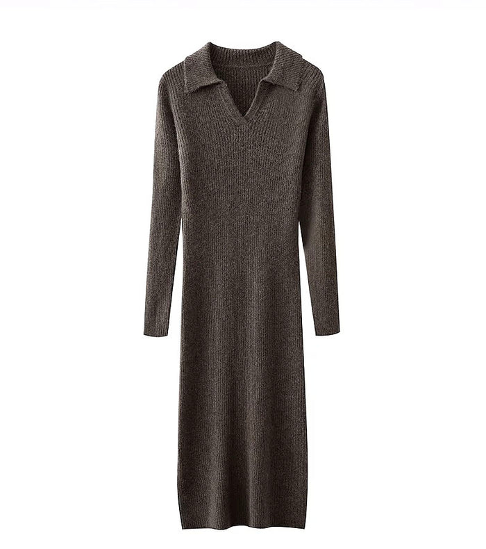 Polo Jumper Midi Knit Ribbed Wool Dress
