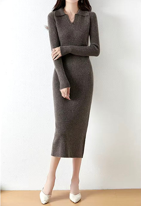 Polo Jumper Midi Knit Ribbed Wool Dress